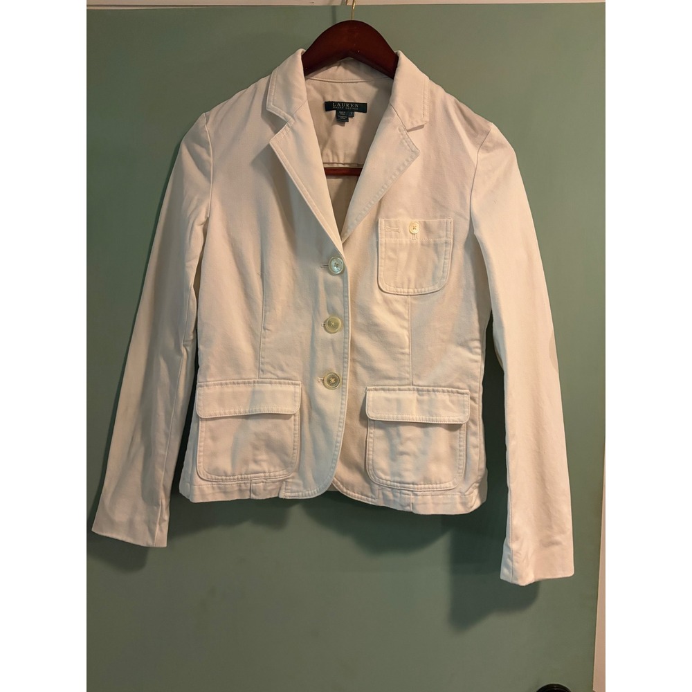 Lauren Ralph Lauren Womens White Cotton Blazer Jacket Size 8 Three Button